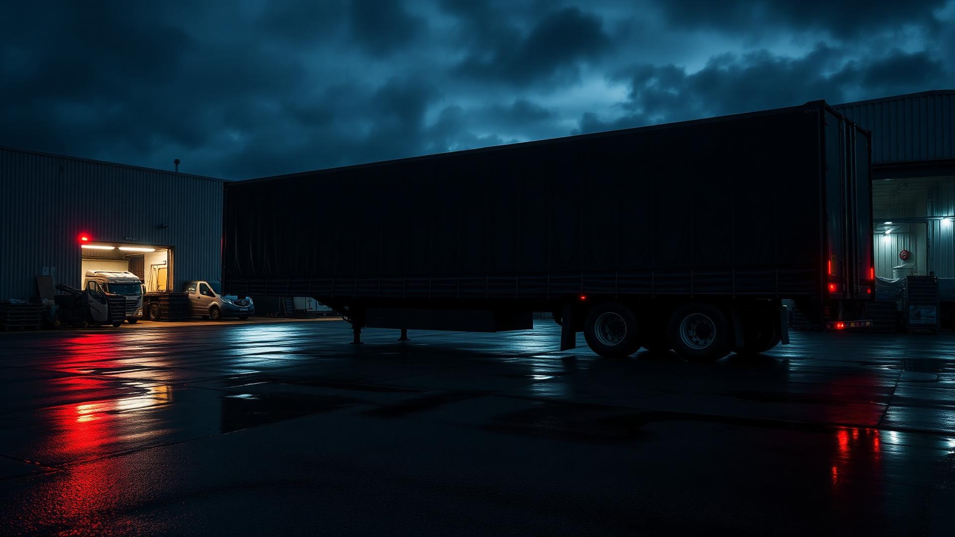Curtain sider lorry trailer in an industrial repair yard at dusk with wet tarmac reflections
