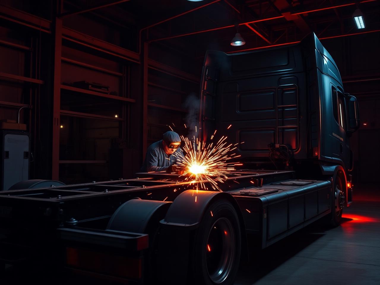 Welder repairing the chassis frame of an HGV trailer with bright sparks in a dark workshop